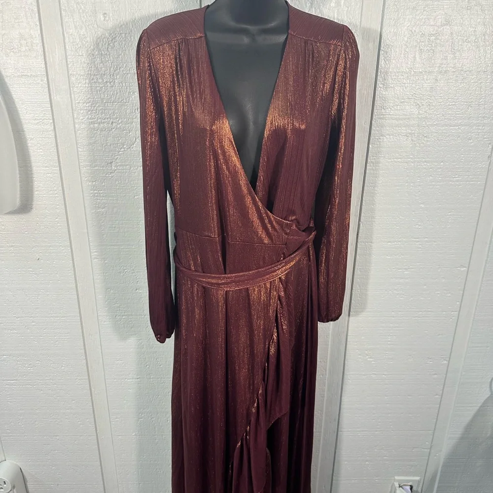 WAYF Women’s Meryl Long-Sleeve V Neck Metallic Wrap Long Sleeve Dress SZ XS NWT - Picture 3 of 14